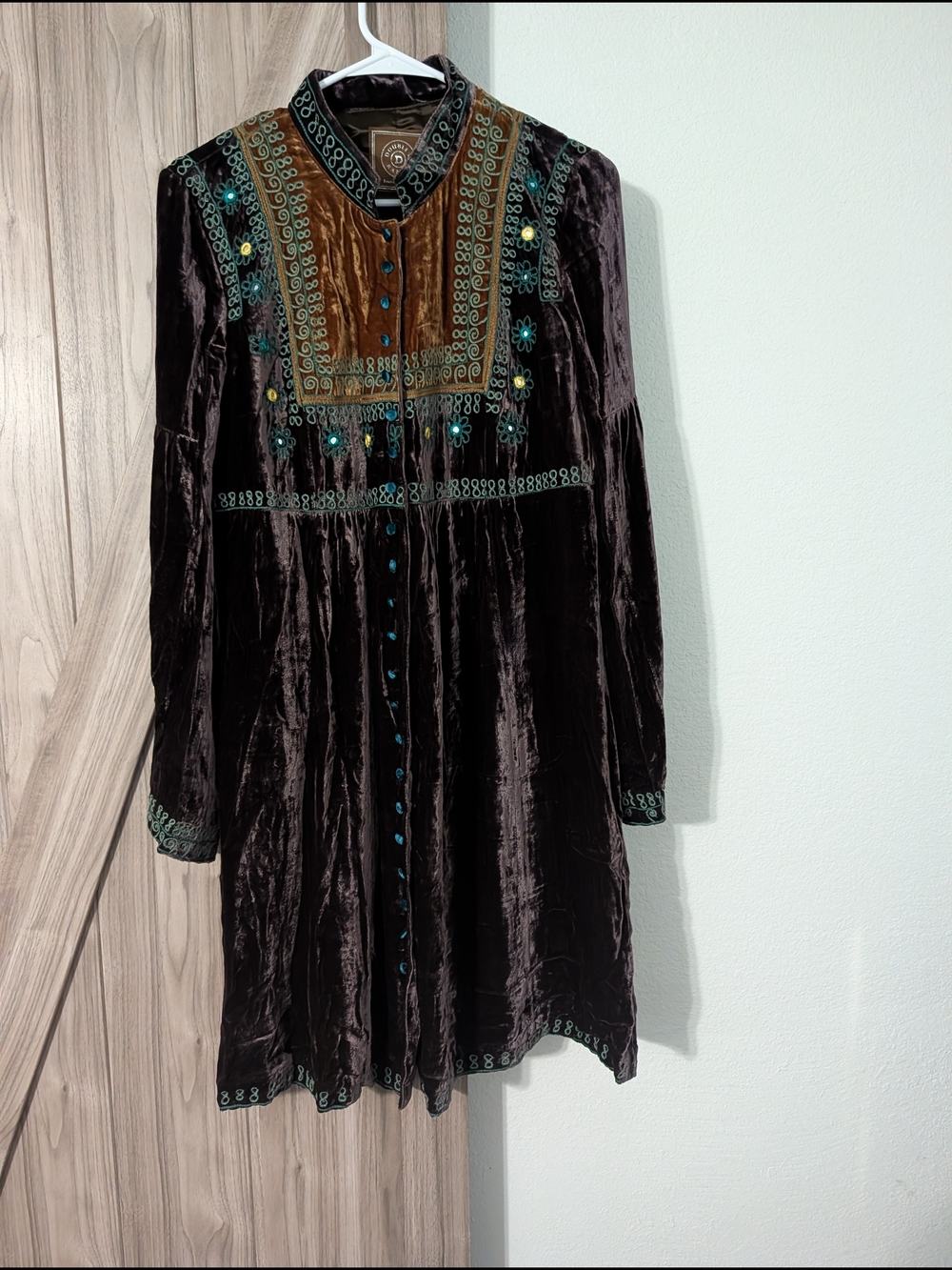Double D Ranch Brown Velvet Dress with Teal & Gold Embroidery